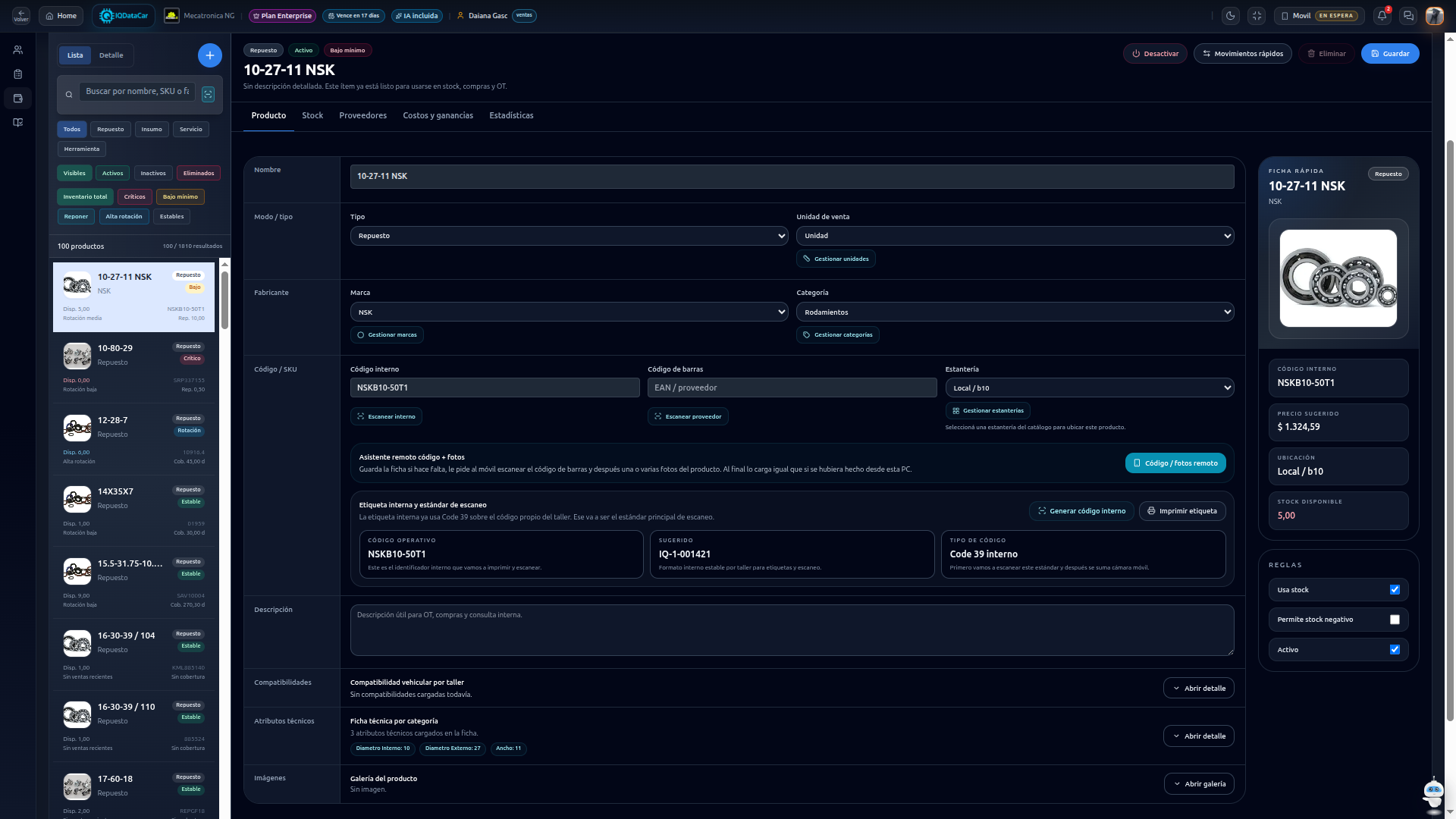 Vista del catalogo de productos y servicios de IQDataCar.